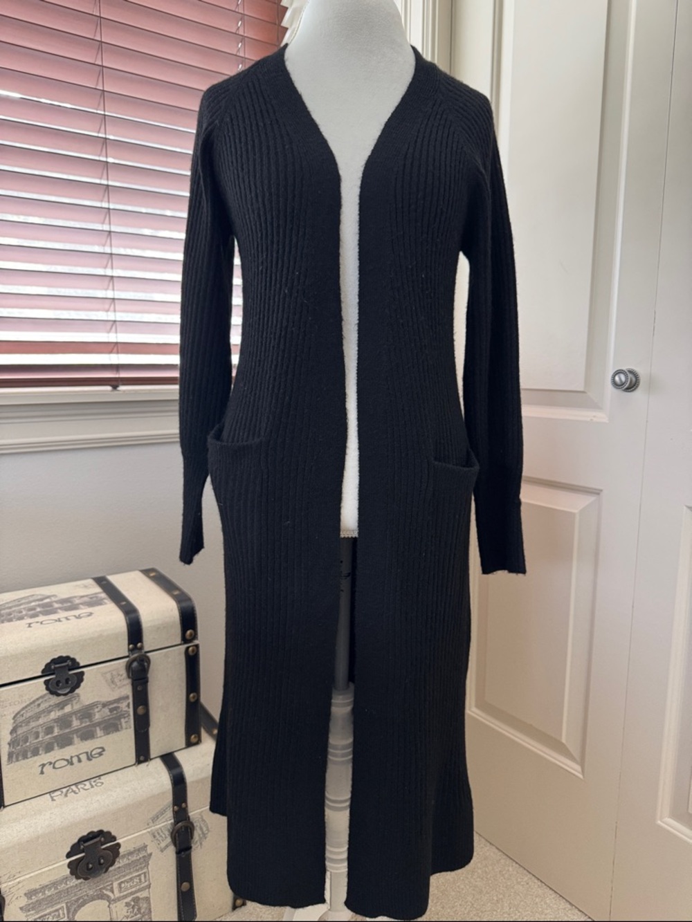 Sweet Romeo Black Long Ribbed Open-Front Cardigan